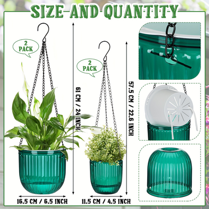Four-Piece Self-Watering Hanging Planter Set with 6.5- and 4.5-Inch Pots, Hooks and Drainage Openings