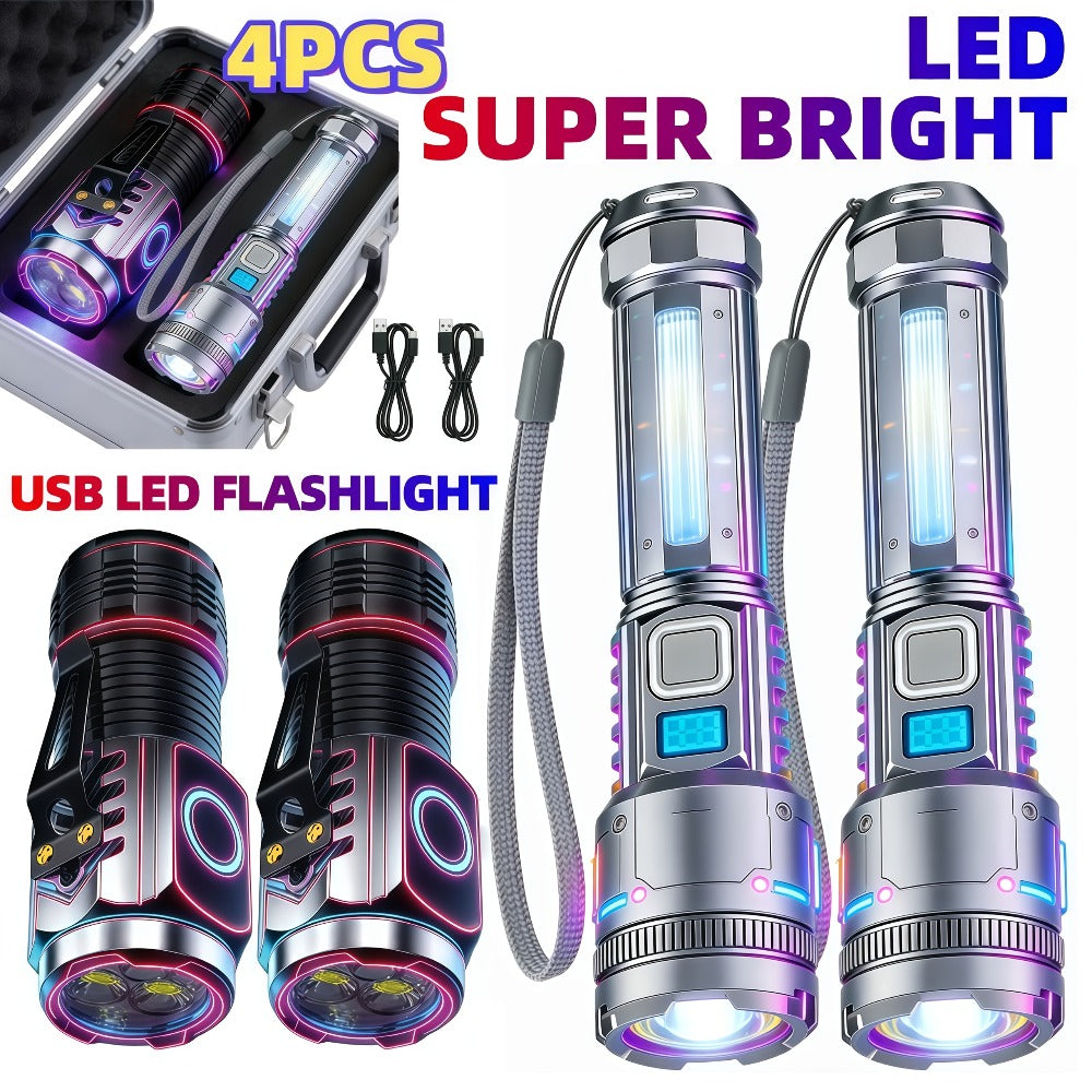 Flashlight Rechargeable 4-Piece Work Light Set with Zoomable Beams, Magnetic Bases and Two Body Styles