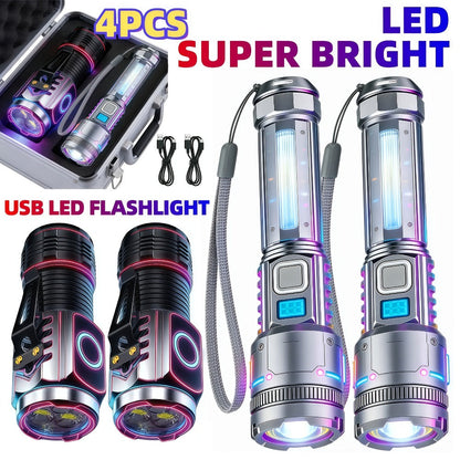 Flashlight Rechargeable 4-Piece Work Light Set with Zoomable Beams, Magnetic Bases and Two Body Styles