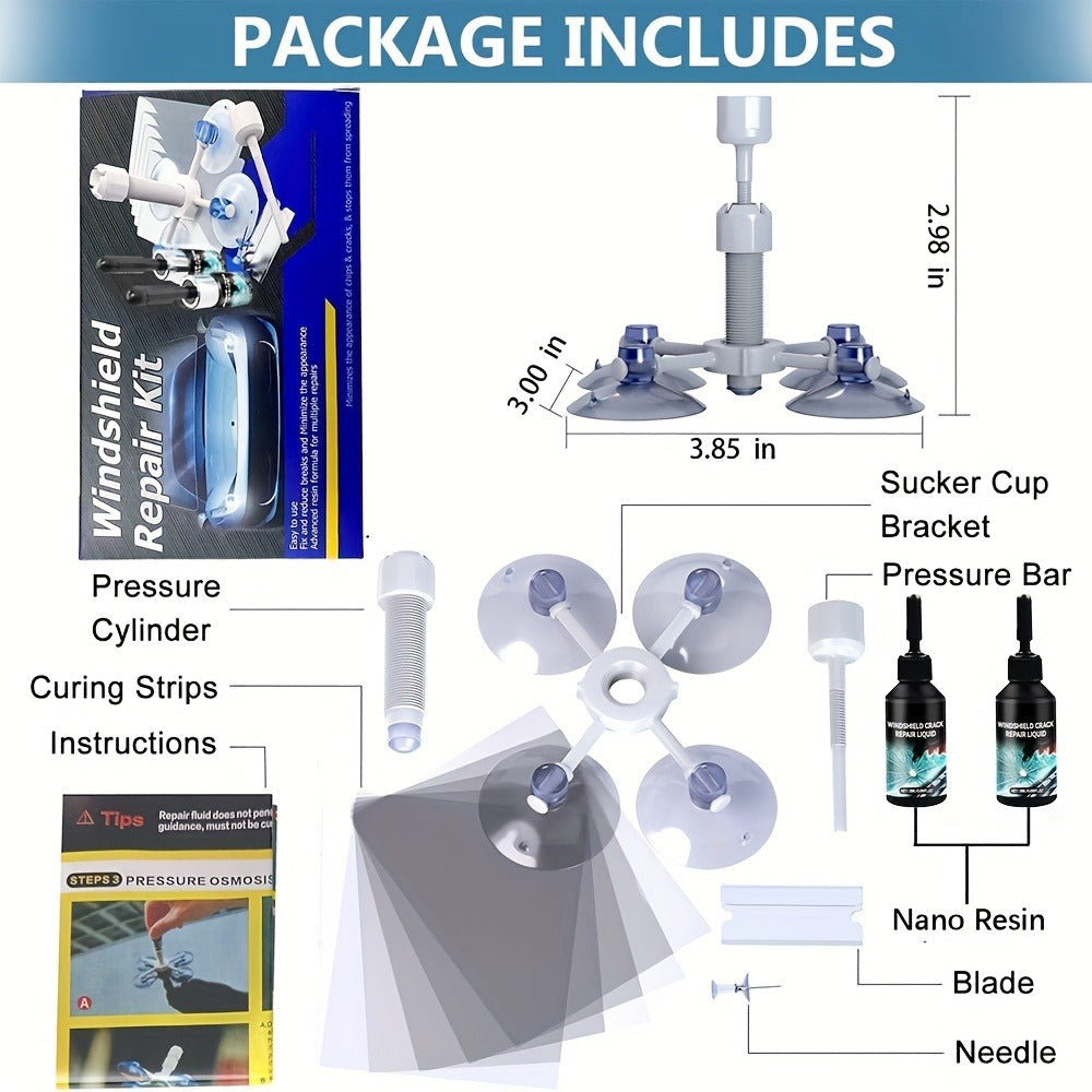 Windshield Repair Kit – Nano Resin Fix for Chips, Bullseye & Star Cracks in 15 Minutes, DIY Glass Crack Repair with Suction Injector, Restores Optical Clarity, Prevents Spreading