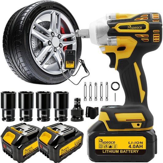 Cordless Brushless Impact Wrench Set 21V, 1/2'' High Torque Impact Gun with 4000mAh Rechargeable Battery, Fast Charger, Variable Speed Control, Complete Accessories for Car, Motorcycle & Home Repair