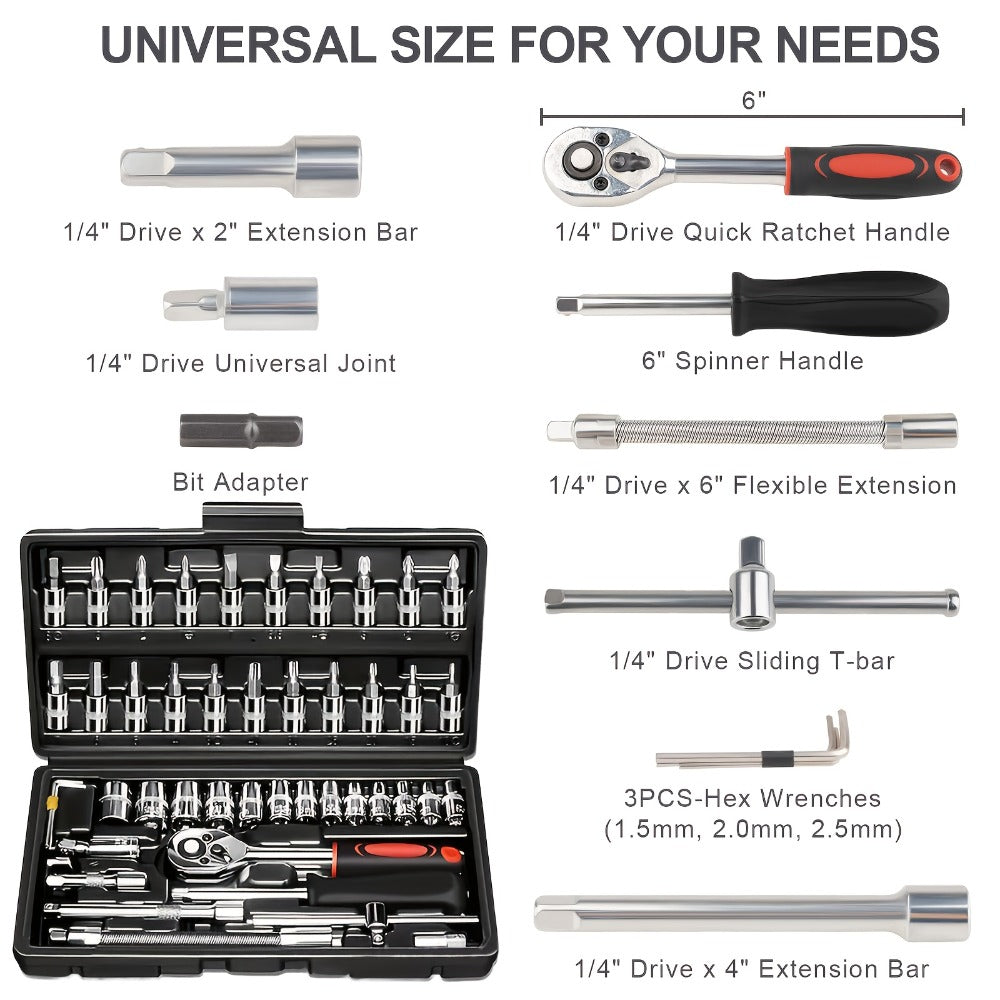 Torx Star Bit Socket Set 34/46-Piece - 3/8" Drive CR-V E-Socket E4-E20, T10-T60, Tamper-Proof TT10-TT55, S2 Steel, 5/16"F to 3/8"M Adapter, Storage Case - For Car, Truck & Home Improvement
