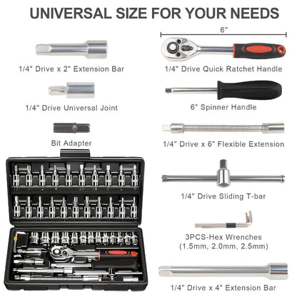 Torx Star Bit Socket Set 34/46-Piece - 3/8" Drive CR-V E-Socket E4-E20, T10-T60, Tamper-Proof TT10-TT55, S2 Steel, 5/16"F to 3/8"M Adapter, Storage Case - For Car, Truck & Home Improvement