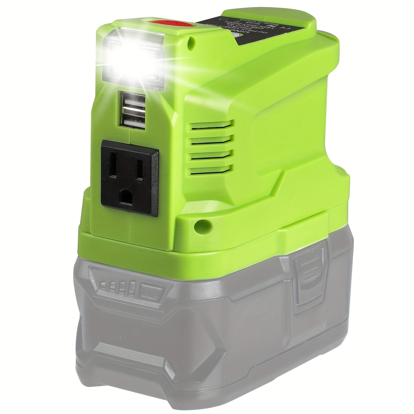 150W Power Inverter Adapter for RYOBI-Style 18V Battery Interface with AC Outlet, Dual USB and LED Light