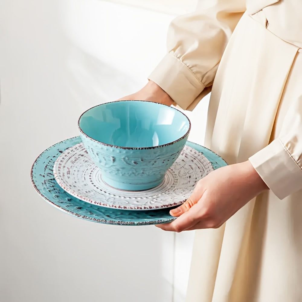 Sixteen-Piece Ceramic-Style Dinnerware Set for Four in White-Blue or Milky-White Coffee Colors