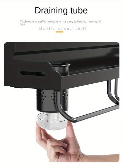 Kitchen Wall Mounted Storage Rack Double Layer – No-Drill Organizer with Knife Slots, Chopstick Holder & Towel Bar, Space-Saving Floating Shelf for Kitchen Counter, 19.69 Inch (Black)