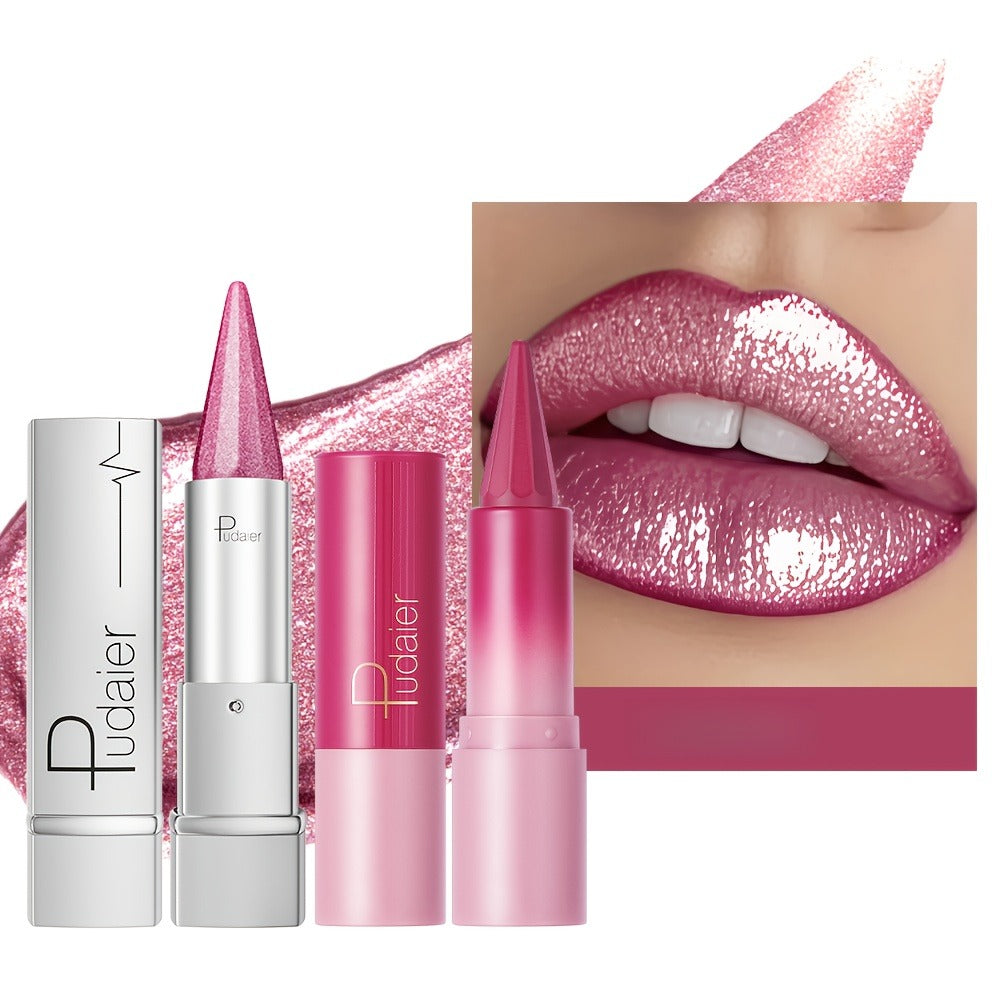 Lipstick Set 2pcs for Women — Highly Pigmented Waterproof Matte & Metallic Shimmer Lip Color Combo with Pointed-Tip Precision, Long-Lasting Full Coverage Beauty Gift