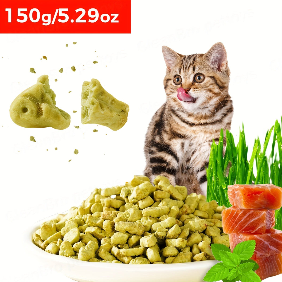 150 g Catnip and Cat-Grass Cookie Treats with Shaped Pieces and Pictured Ingredient Panel Pictured