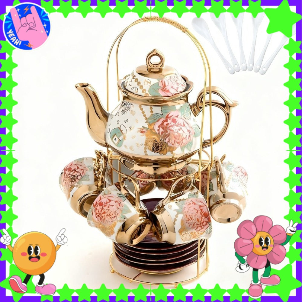 Twenty-Piece Floral Ceramic Tea Set with 15-Ounce Teapot, Six Cups, Saucers, Spoons and Gold Rack