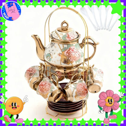 Twenty-Piece Floral Ceramic Tea Set with 15-Ounce Teapot, Six Cups, Saucers, Spoons and Gold Rack