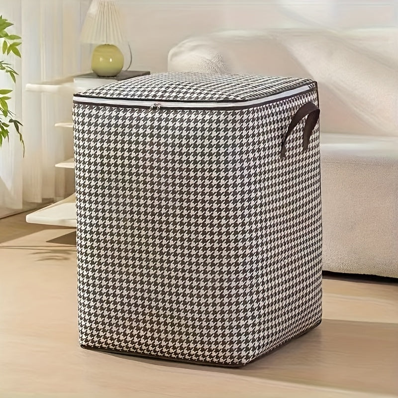 Large 160 L Houndstooth Fabric Storage Bag with Double Zippers, Carry Handles and Foldable Square Shape