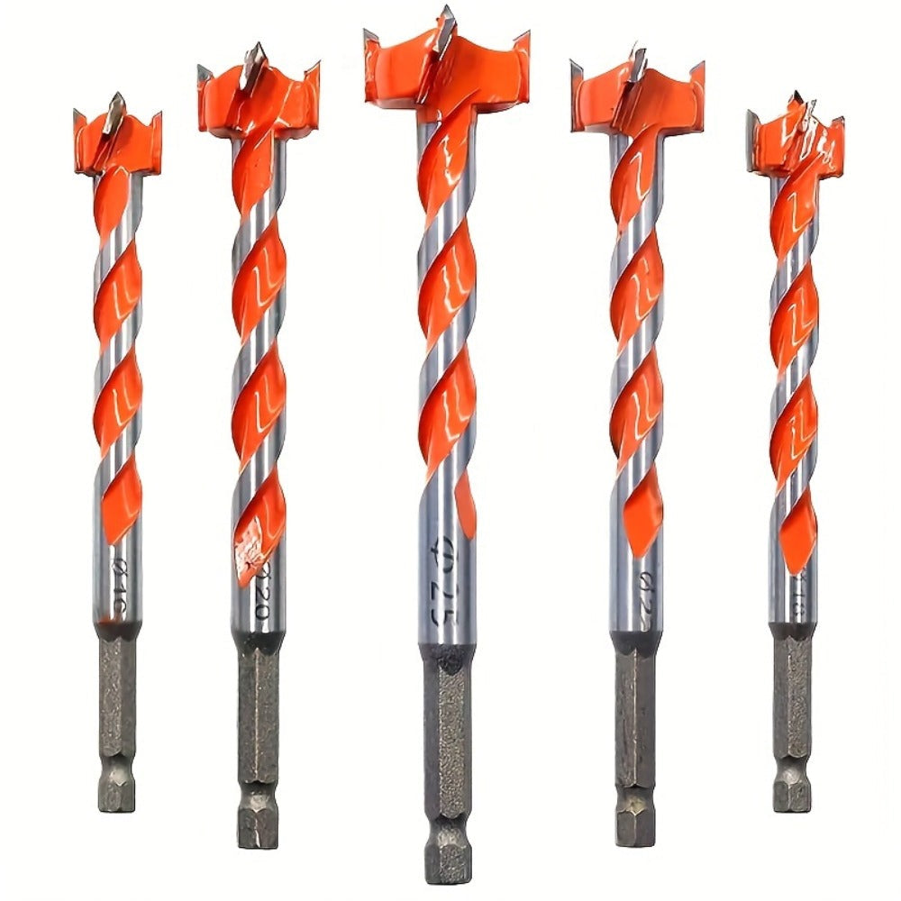Five-Piece Extended Auger Drill Bit Set with 15-25mm Cutting Heads and Hex Shanks for Wood or Plastic