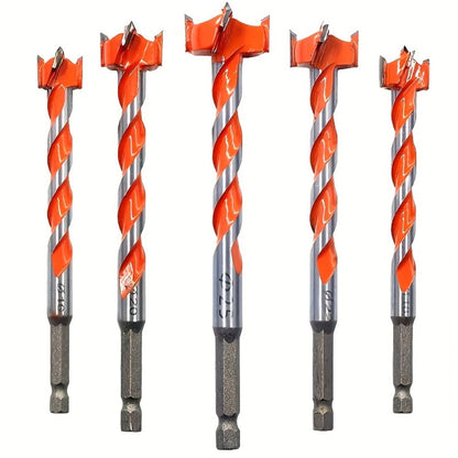 Five-Piece Extended Auger Drill Bit Set with 15-25mm Cutting Heads and Hex Shanks for Wood or Plastic