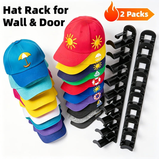 Wall Mounted Hat Rack for Baseball Caps – Adhesive or Drill Mount, Holds 20 Hats, Multilayer Storage, 2pcs