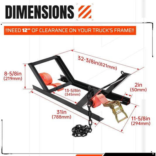 Semi Truck Spare Tire Carrier Rack Adjustable Steel Holder with Anti-Sway Chain & Ratchet Strap for Class 8 Semi-Trailers Kenworth Peterbilt Cascadia