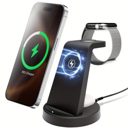 3-in-1 Wireless Charging Dock Multi-Color Fast Charge for iPhone 17 16 15 14 13 12 11 Pro Max, Apple Watch Ultra 2 Series 10 9 8 7 6 SE, AirPods 4 3 2 Pro & Samsung Galaxy – Black Blue Pink U1 U2