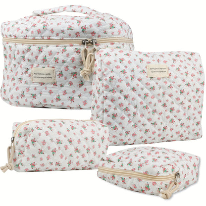 Makeup Bag – Quilted Makeup Bag Set 4-Piece Floral Rose Coquette Aesthetic Premium Cotton Cosmetic Organizer Travel Toiletry Pouch 4…
