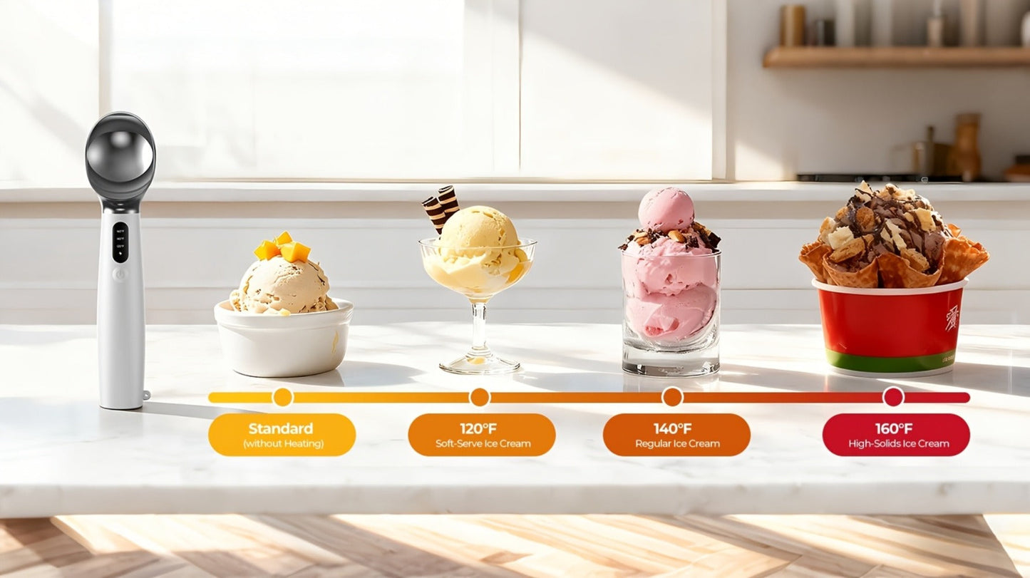 Electric Heated Ice Cream Scoop USB-C Rechargeable with 3 Temperature Settings 120°F 140°F 160°F IPX7 Waterproof Ergonomic Handle Gift for Ice Cream Lovers