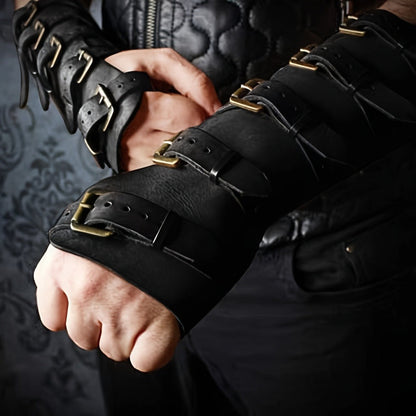 Embossed Fantasy Arm Bracer Pair in Brown with Buckle Straps for Medieval and Archer Costumes