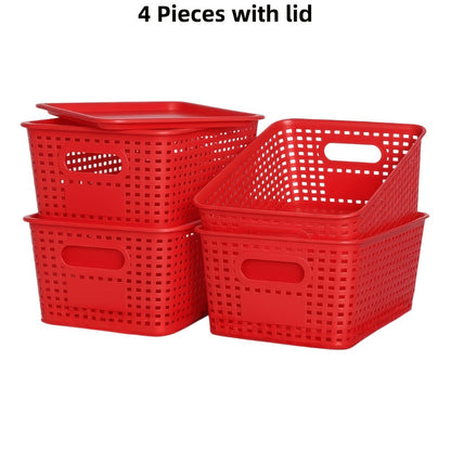 Storage Organizer Bins with Lids 4/8 Pack | Space-Saving Stackable Boxes 10"x7"x4" for Shelves, Closet & Desk - Declutter Bins for Dorm, Playroom & Office with File Organizer Bag, White Black Gray Red