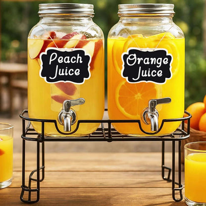 Two 1-Gallon Glass Beverage Dispensers with Spigots and Raised Metal Stand for Parties and Events