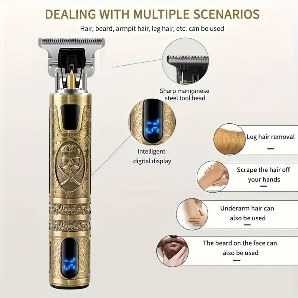 Hair Clipper Vintage T-Blade Cordless Trimmer with LCD Power Display and Dragon or Buddha Designs