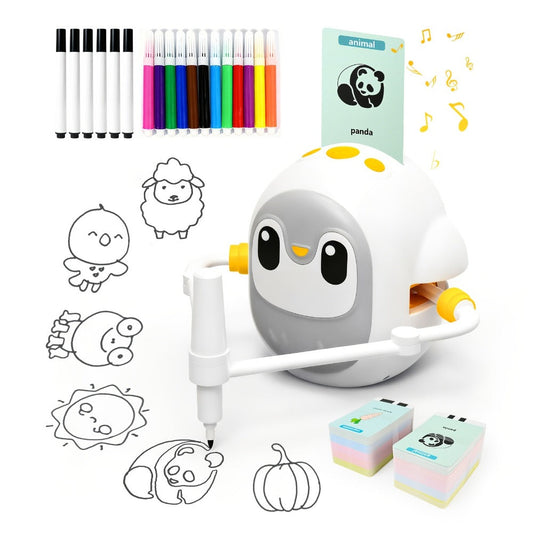 Drawing Robot for Kids Penguin, 200 Learning Cards & 12 Color Pens, STEM Art Educational Toy, Screen-Free Interactive Drawing Game, Step-by-Step Lessons for Boys & Girls Ages 3+, USB Charging, Birthday Gift