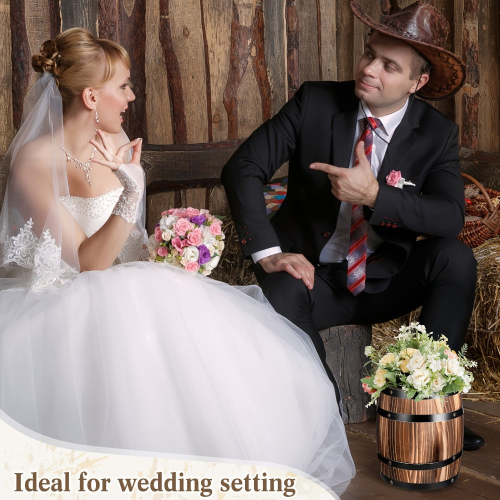 Rustic Wooden Barrel Vases, Two-Piece 8 x 6.5 Inch Set for Dry Artificial Floral Centerpieces and Farmhouse Table Display
