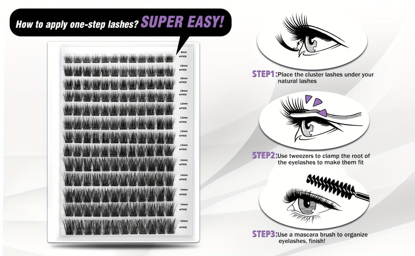 156-Piece Mixed Self-Adhesive Lash Cluster Tray with Black Tweezers and Spoolie Brush in Mixed Style