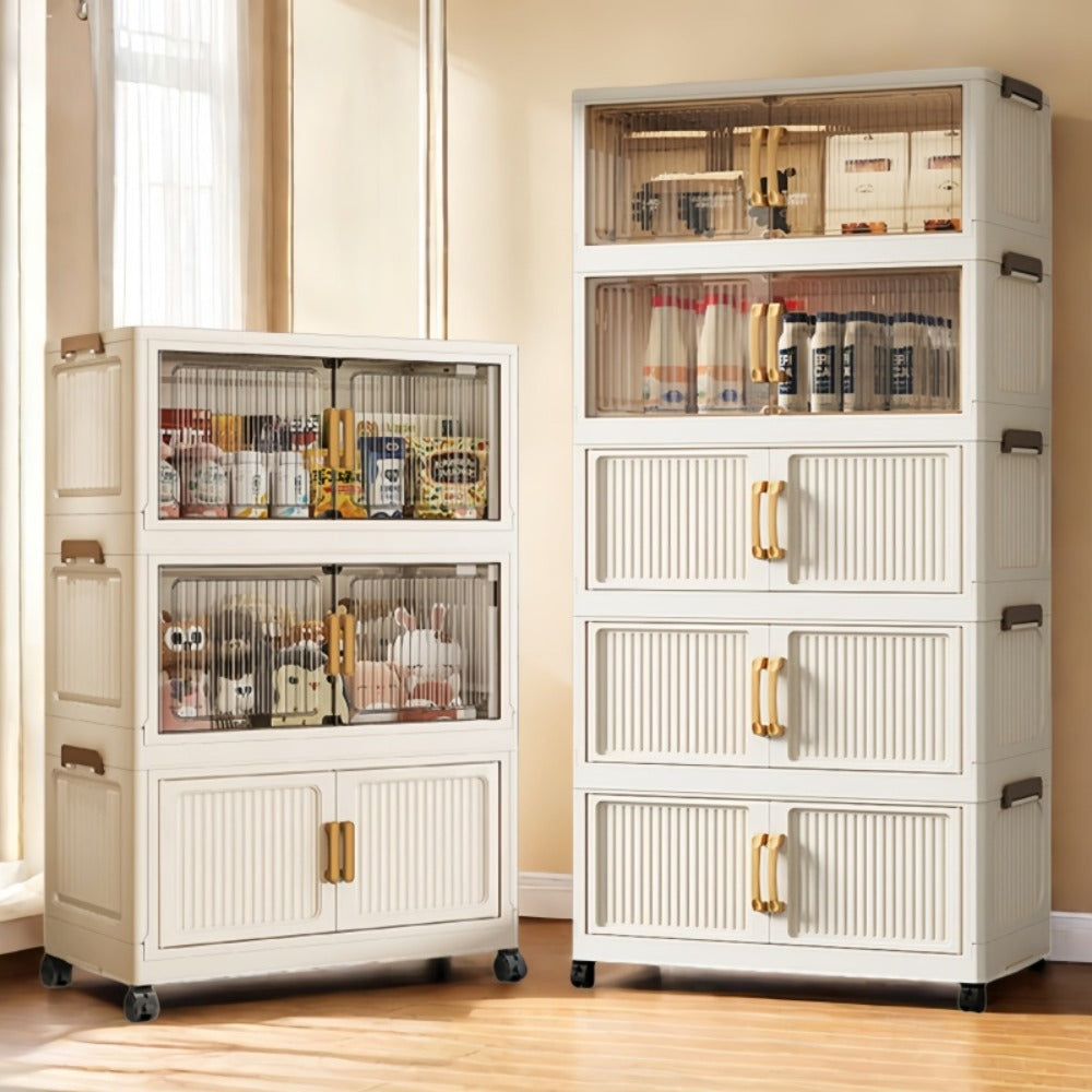 Foldable Plastic Storage Cabinet with Clear Ribbed Doors, Wheels and Large 1-, 3- or 5-Layer Options