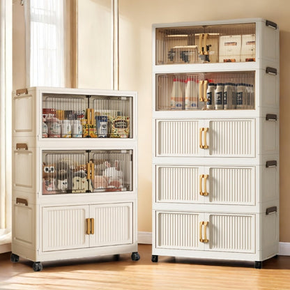 Foldable Plastic Storage Cabinet with Clear Ribbed Doors, Wheels and Large 1-, 3- or 5-Layer Options