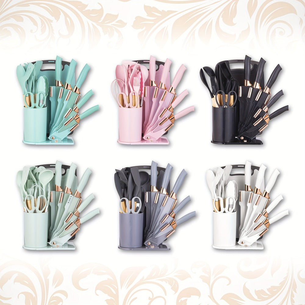 19-Piece Kitchen Knife & Utensil Set with Wooden Handles, Non-Stick Blades, Silicone Cooking Tools, Cutting Board, Scissors & Holder
