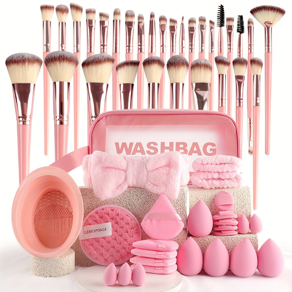 Makeup Brush Set, 56-Piece Polyester Bristle Collection with Wood Handles in Beige, Pink or Brown Color Options