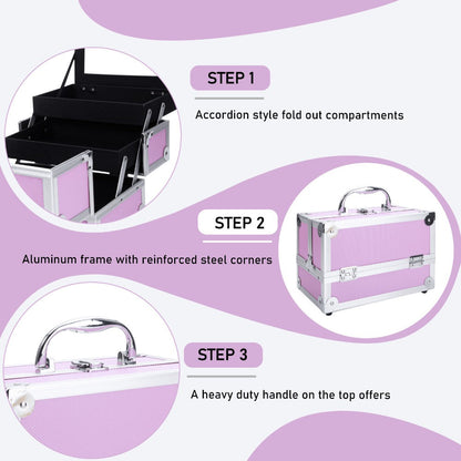 Tabletop Makeup Carry Case with Mirror, Fold-Out Trays and Dividers in Black, Silver or Pink