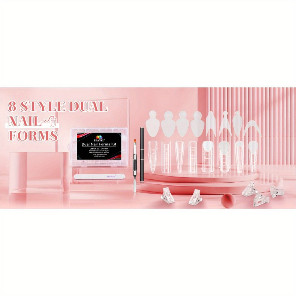 Poly Gel Nail Extension Form Kit - 192pcs Dual Forms, 96pcs Reusable Pads, 8 Shapes Acrylic Mold, Brush Pen