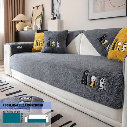 Sofa Cover, Sherpa Plush Cat-Paw Embroidered Seat Pad with Non-Slip Backing in Four Colors and Seven Sizes