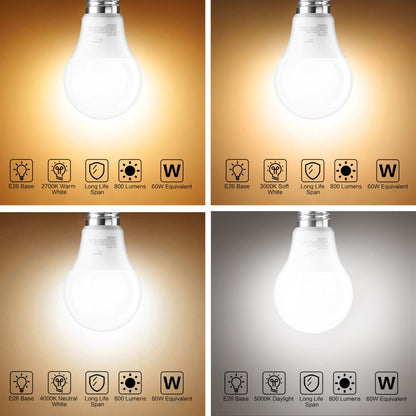 A19 LED Light Bulbs, 9W E26 12-Pack with 800-Lumen Marking in 2700K, 3000K, 4000K or 5000K