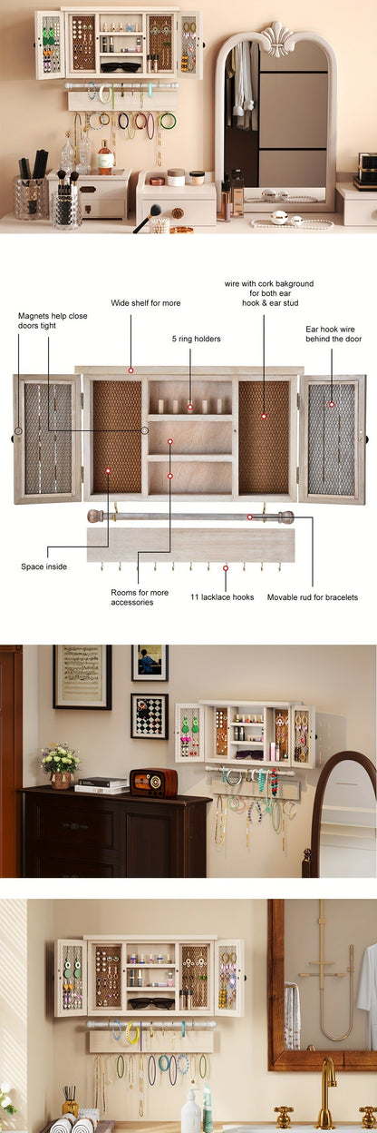Wall-Mounted Wood Jewelry Organizer – Rustic Hanging Display Shelf with Removable Bracelet Rod & Hooks for Necklaces, Rings & Bracelets, Space-Saving Dressing Room Decor