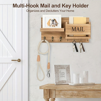 Wall Mounted Storage Rack with Mail Slot – Rustic Wood Floating Shelf with Hooks for Keys, Hats & Envelopes, Decorative Organizer for Entryway, Porch, Bedroom, Bathroom & Living Room