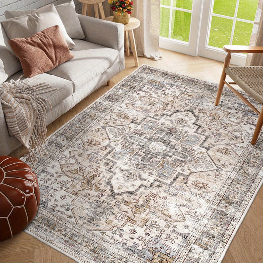 Area Rug Bohemian Retro Design in Beige or Grey with Six Foldable Machine-Washable Room Sizes