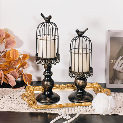 Birdcage Candle Holder Set of Two with Metal Pedestal Bases, Bird Finials, 30cm and 38cm Heights in Black or White