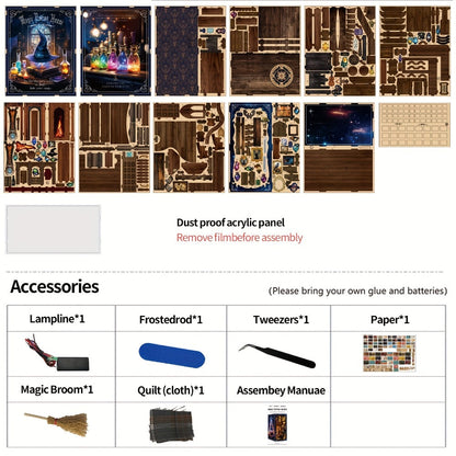 Magic House Book Nook Kit with 388-Piece Library and Potion-Room Scene, Touch Light and Clear Front Panel