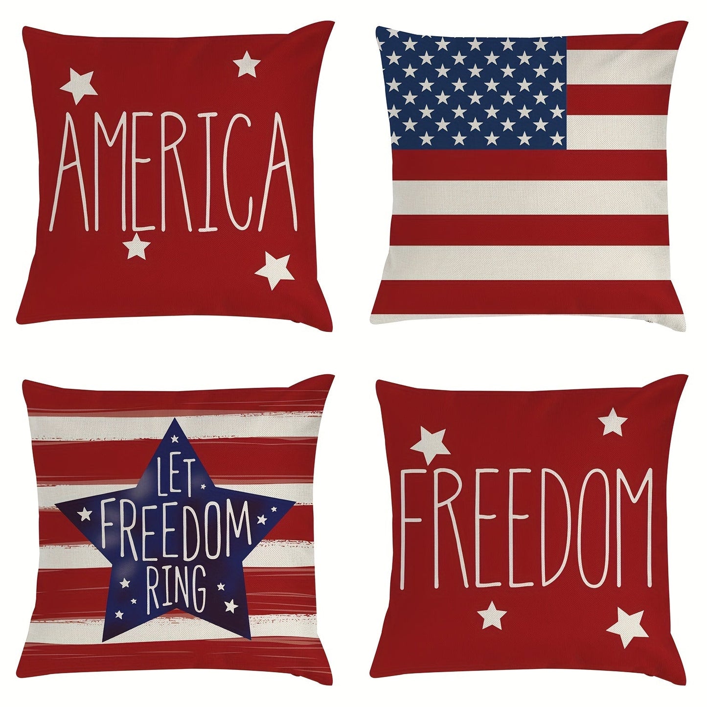 Four-Piece Patriotic Pillow Cover Set with Stars and Stripes Prints in Red, White and Blue
