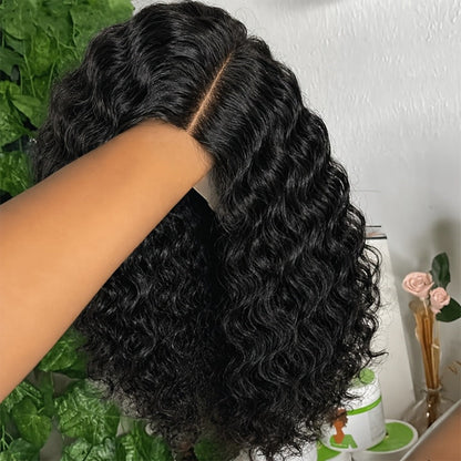 Lace Front Wig Deep-Wave Human Hair Bob, 12-Inch 1B or Natural Black with 4x4 Closure and 22.5-Inch Cap