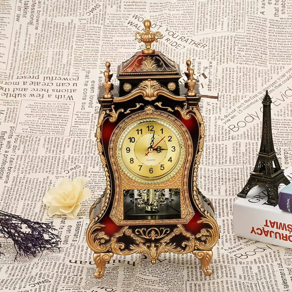 Ornate Brown-Red Tabletop Alarm Clock with Analog Dial, Decorative Pendulum Window and 14-Inch Height