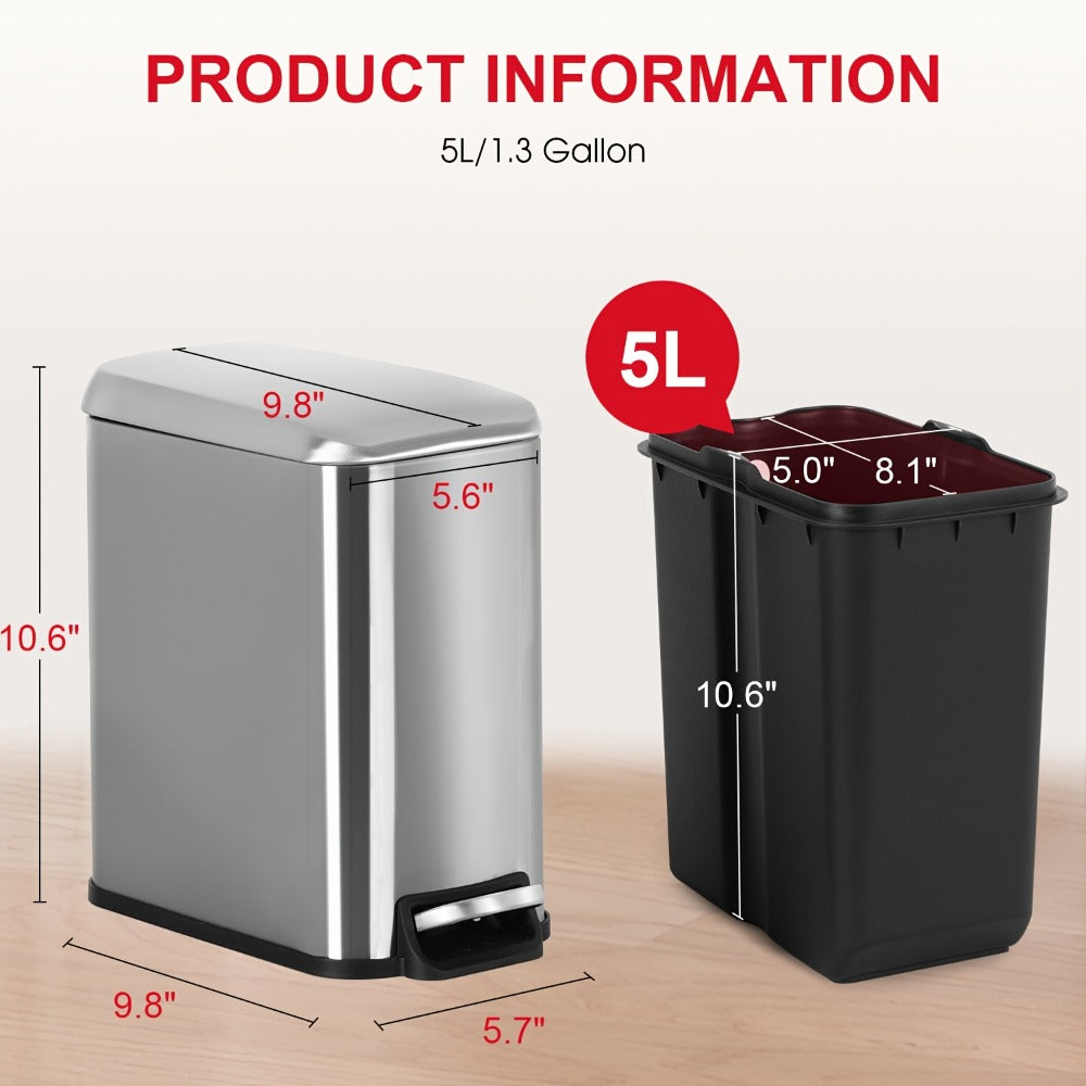 Pedal Trash Can with Removable Inner Bucket, 13, 7.93 or Twin 1.32-Gallon Options in Four Finishes