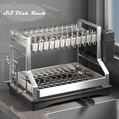 Stainless Steel Two-Tier Dish Drying Rack with Drainboard, Cup Holders, Utensil Caddy and Lid Rack