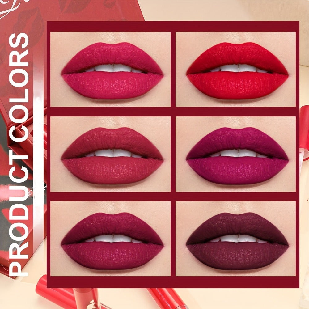 Lip Gloss Set by Dragon Ranee with 6 Red-Tone Matte Lip Colors, Tube Applicators and Gift Box