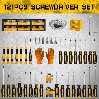 121-Piece Screwdriver Rack Set with Drivers, Bits, Hex Keys, Gloves, Magnetic Bowl and Nail Puller