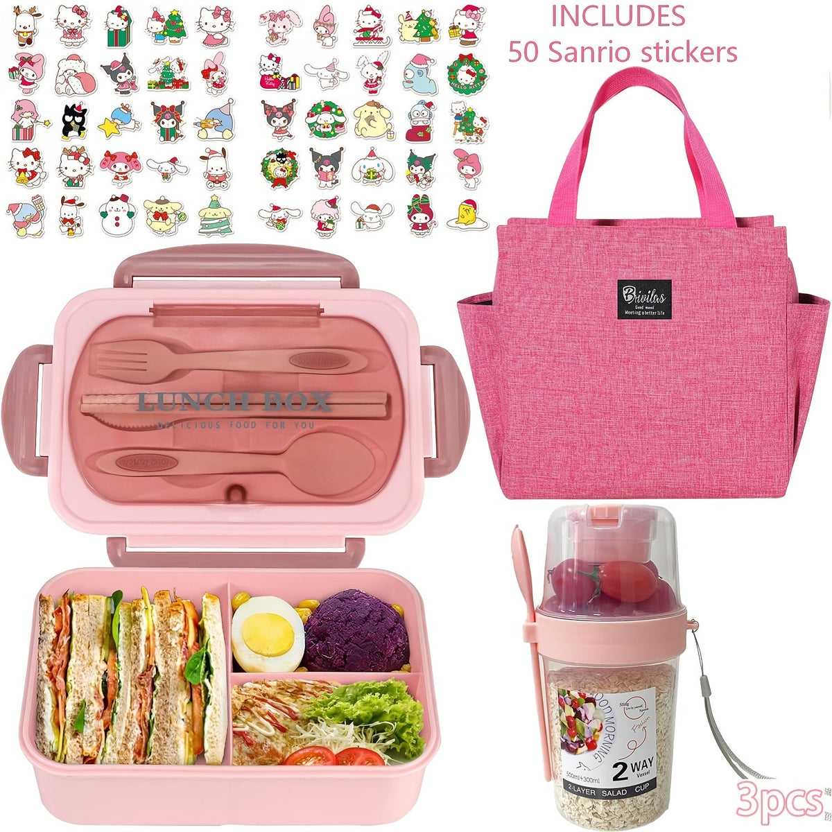 Sanrio Lunch Box Set 53pcs Bento Box with Thermal Bag Breakfast Cup Portable Sealed Compartment Microwave for Work Picnic School